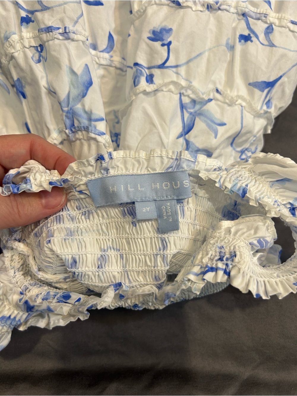 Hill House Home White Nap Dress with Blue Floral Print - Ruffled Sleeves size 2Y - Picture 3 of 3